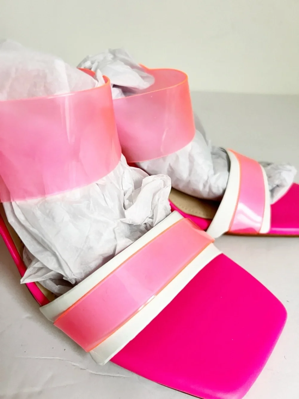 SZ 11 Nine Clear Pink Two-Tone Strap Block Heel Slide Sandals Mules